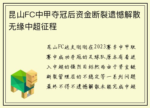 昆山FC中甲夺冠后资金断裂遗憾解散无缘中超征程