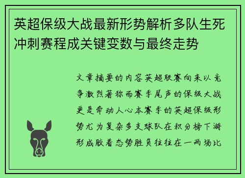 英超保级大战最新形势解析多队生死冲刺赛程成关键变数与最终走势 英超保级大战最新形势解析多队生死冲刺赛程成关键变数与最终走势